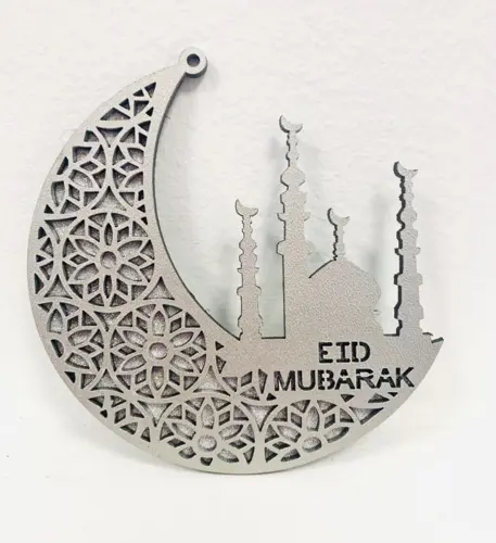 Eid Mubarak Holzdekoration Silberner Mond mit Glitzer (10cm)