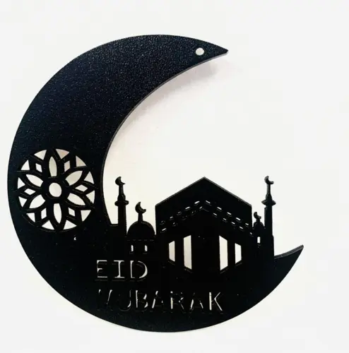 Eid Mubarak Kaba Holzdekoration in Schwarz, Mond (10cm)