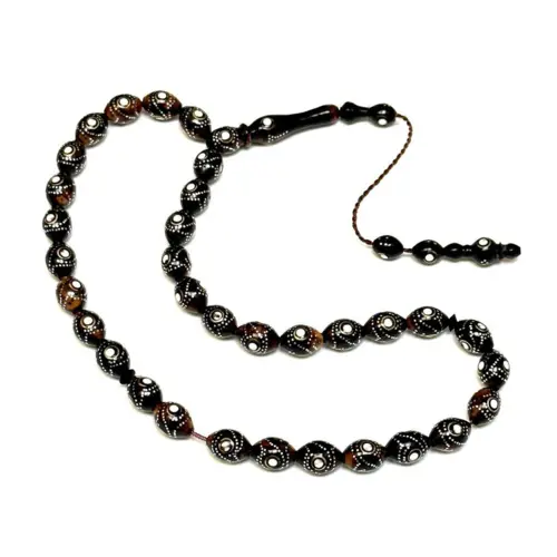 Schwarz/braune handgefertigte Luxus-Tasbih mit Silberdesign, 33 Perlen