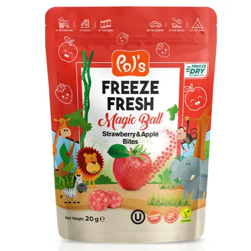 Frysetørrede Magiske Kugler Af Jordbær Og Æble Pol's 20g (Vegan)