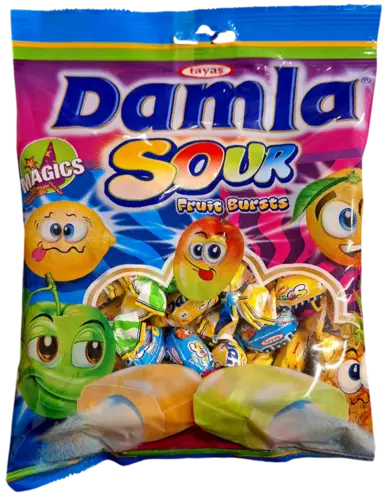 Damla Sour Fruit Bursts - Fruktkarameller med surt pulverfyllning - 250g
