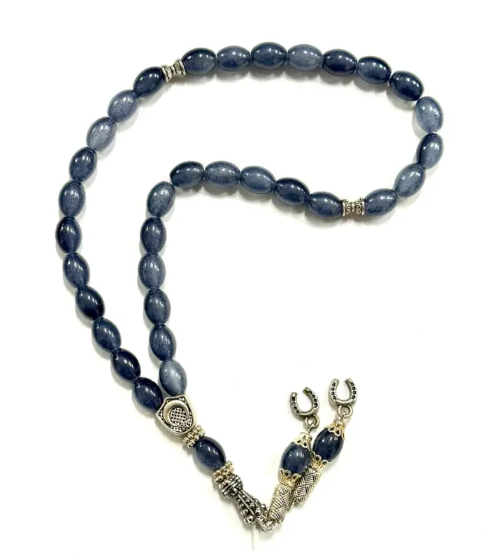 Droppformat glas Tasbih med silverdetaljer, 33 pärlor