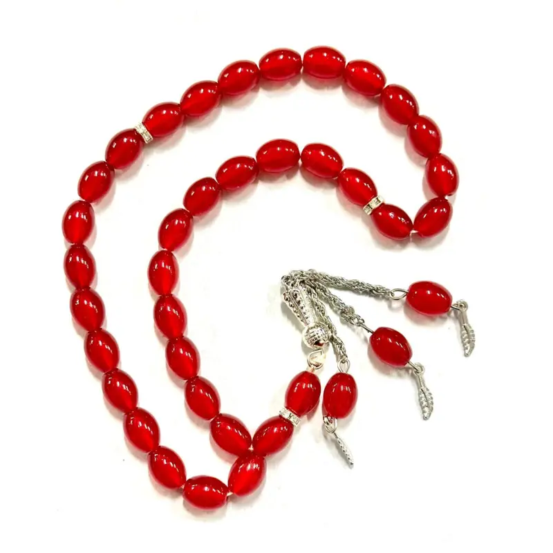 Droppformat glas Tasbih med silverdetaljer, 33 pärlor