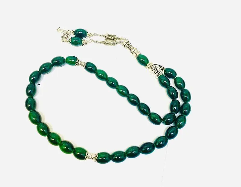 Droppformat glas Tasbih med silverdetaljer, 33 pärlor