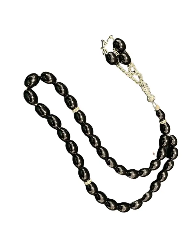 Droppformat glas Tasbih med silverdetaljer, 33 pärlor