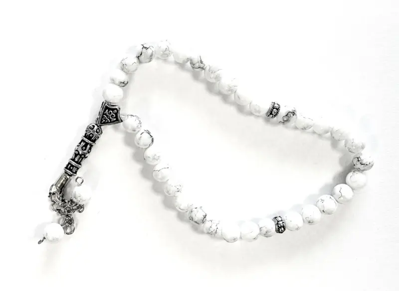 Glas-Tasbih im weißen Marmor-Design, 33 Perlen
