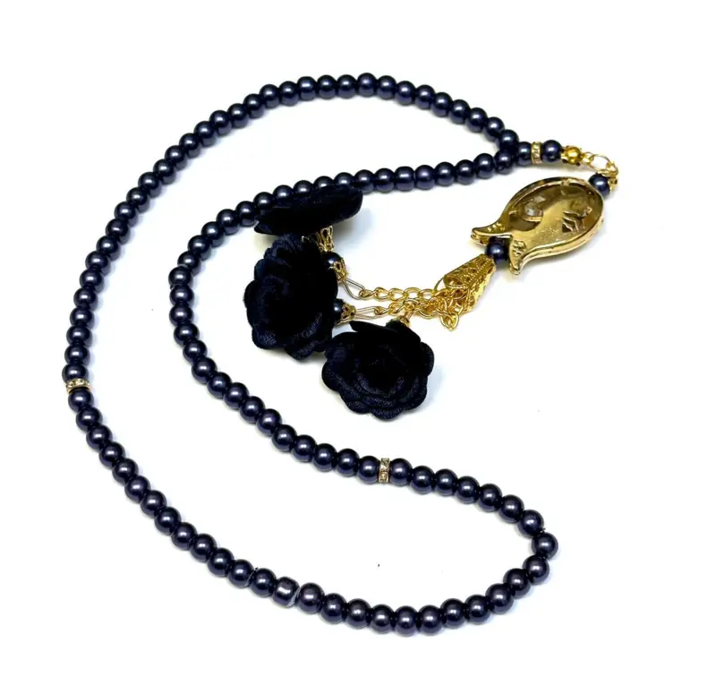 Blaues Blumen-Tasbih mit goldenen Details, 99 Perlen