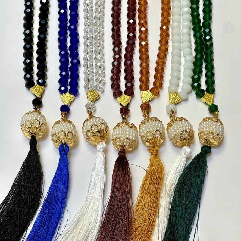 Kristall-Tasbih mit Kugelanhänger, 99 Perlen (7 Farben)