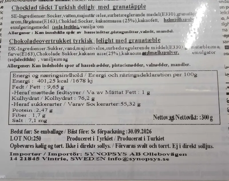 Turkisk Delight Granatäpple smak chokladdoppad 300G