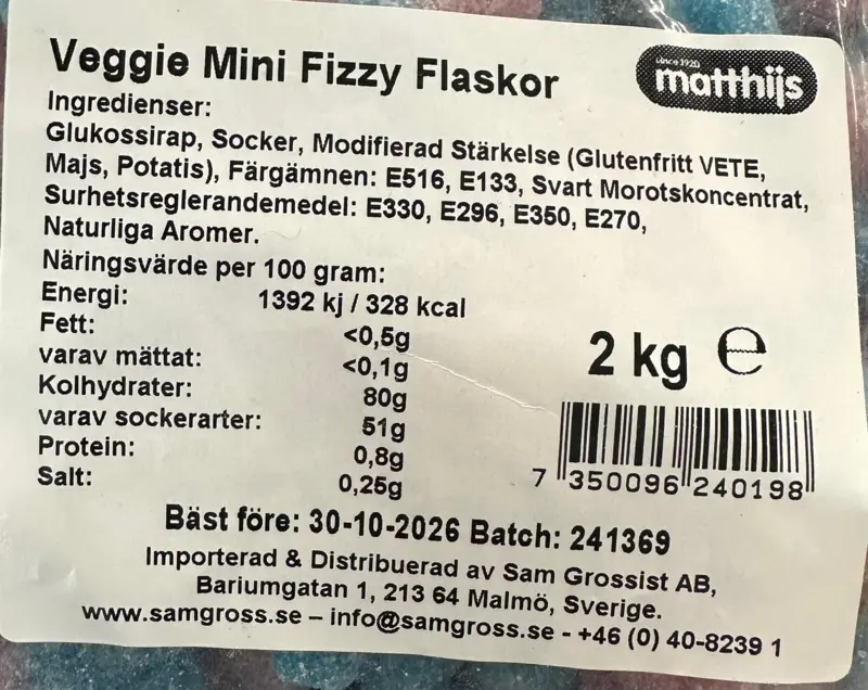 Mini Fizzy Flaskor, Veggie, 2kg